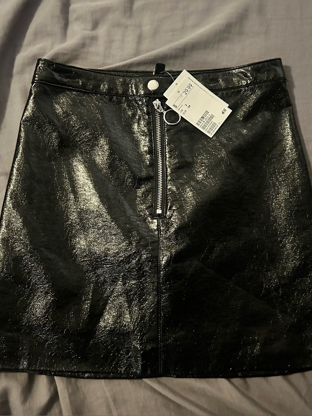 H&M Black Shiny Faux-Leather Mini Skirt with Front Zip